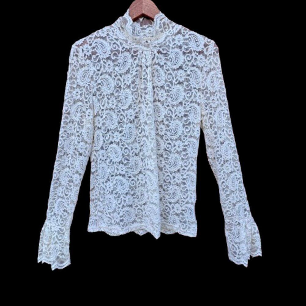 Romantic Sheer Lace Blouse Large Ivory Mock Neck Long Bell Sleeve Pullover